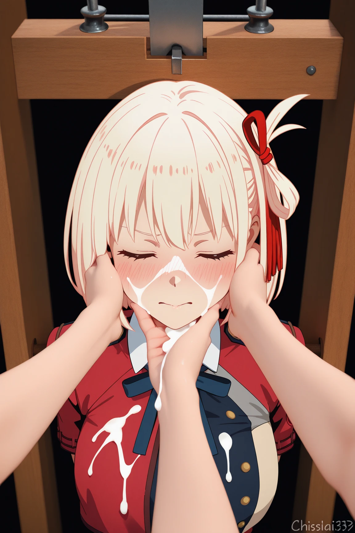 (( Chisato, Takina, girl, pov, hetero, blowjob, deepthroat, inn background, bed, )), (extremely close-up of face :1.1, ), ( absurdres, ultra HD, 8k wallpaper, cinematic lighting, ),
