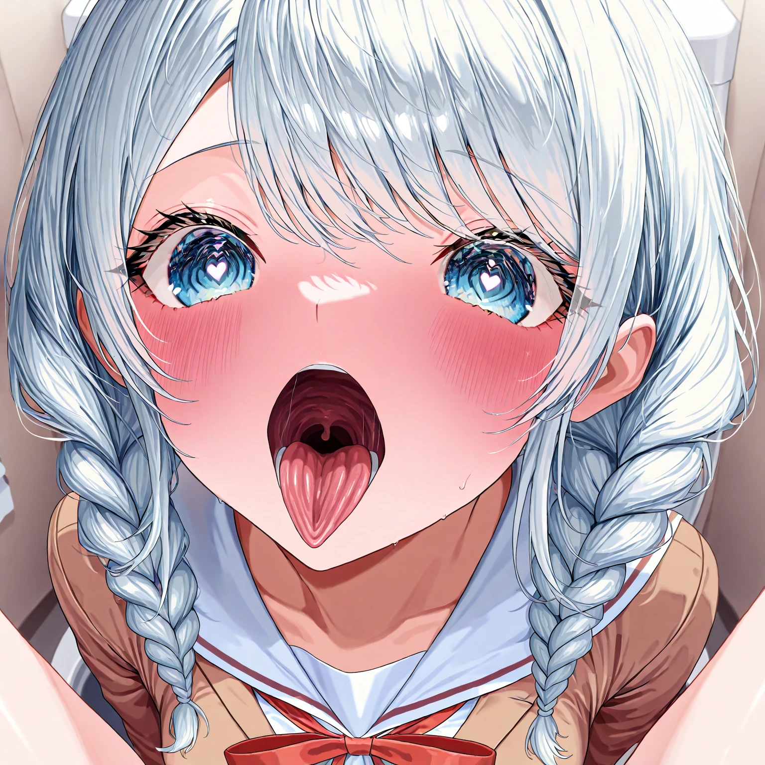 ((masterpiece, best quality)), high resolution,ultra detailed,8k,16k,detailed background, perfect lighting,detailed beautiful eyes, 1girl,solo,embarrassed,blush,show off nipple,steam,sweat,in heat,heavy breathing,saliva,drool stringing,drivel,look at viewer,(open mouth,oral,spread mouth,show oral:1.3),ahegao,face focus,(from above:1.4), (selfie),(front view:1.2),chin up,seductive eyes,fisheye lens,be breathless,stick tongue out,open arms for viewer,kneeling,slender,fair skin,small breast,sagiri_izumi,pink ribbon,on cutebed