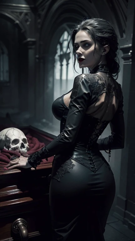 Beautiful 20 year old woman and her man fucking her in the ass , with short messy wavy black hair, wearing a red corset with black accents and large black cloak, (( fine detailed five fingers long black gloves)) she is completly on her knees to the muddy ground, (( in a foggy cemetery at night )) (red lipstick:1.5), realistic skin texture, (cross necklace:1.2), (eyes closed:1.3), (Zentangle and Gothic Art:1.4), photo realistic, 8k (( full figure pictures))