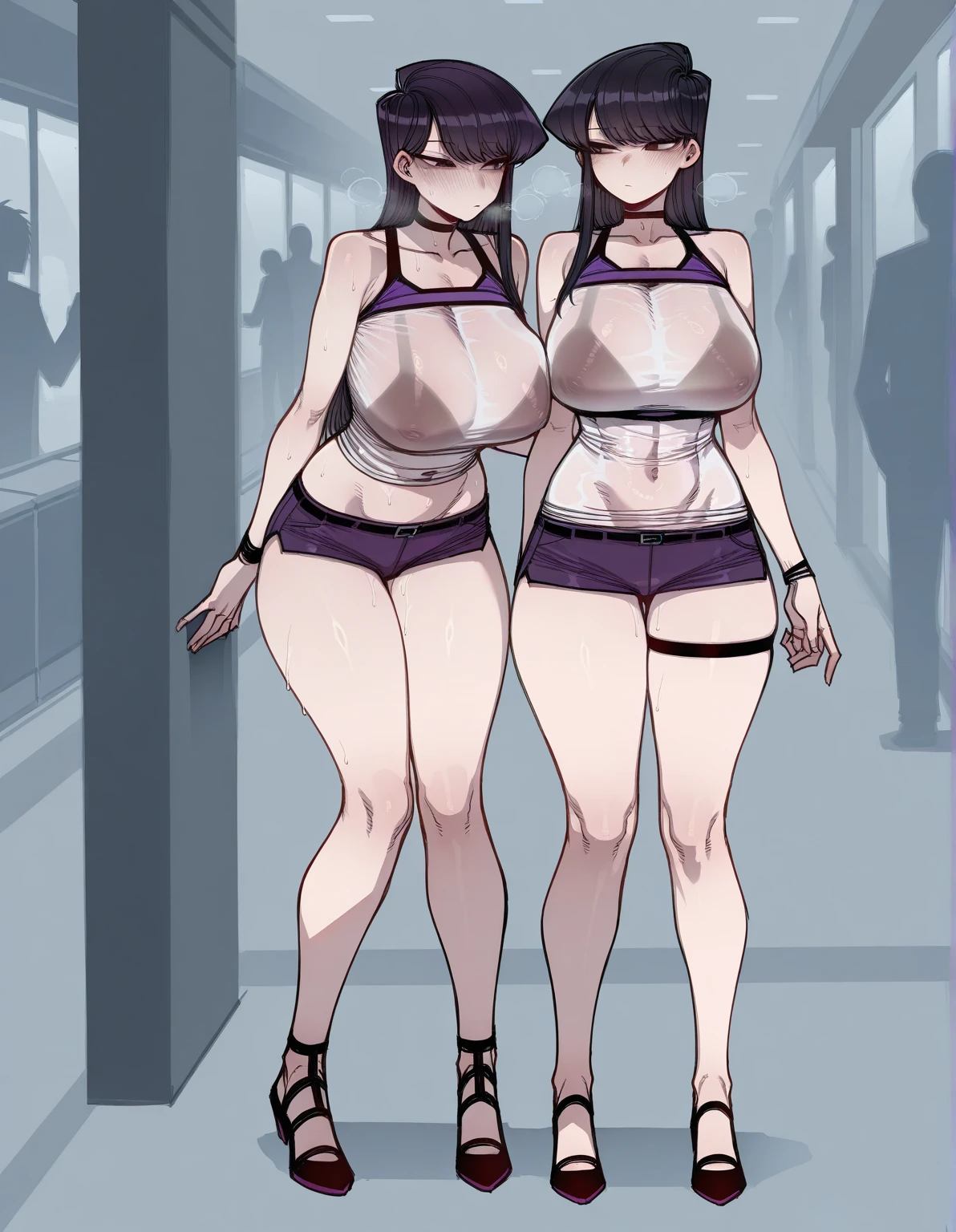 Ecchi、Changing clothes、kawaii、Woman、Colossal tits、Black bra、show through、a navel、animesque、masterpiece、high-level image quality、poneyTail、A dark-haired、18year old、dress room、gym、come off、perspiring、Wet、unclear、huge tit、Embarrassed --auto