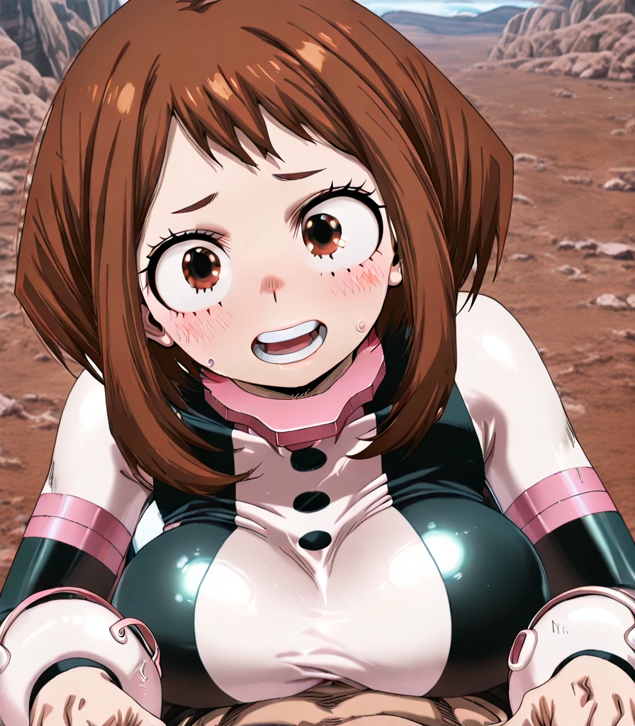 (1boy, POV penis), 1990s \(style), 1990s anime cels style, brown eyes, (beautiful detailed eyes:1.2), half closed eyes, best quality, high resolution, 1girl, glasses, blush, orgasm, open mouth, (tongue out), large breasts, unifom, pink space suit, brown_hair,
