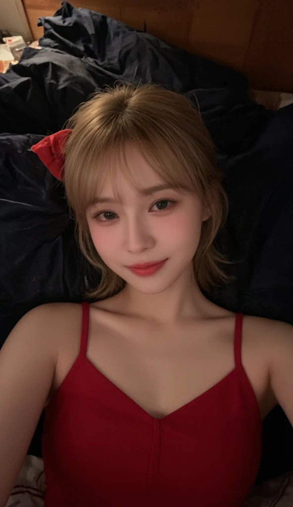 a close up of a woman in a red bra top laying on a bed, Red BRA, Larisa Manobal, beautiy Japanese woman, a japanese girl, sakimichan, 奈良美智, 8K selfie photo, Cleavage, Gorgeous young Japan woman, sakimichan, 2 8 years old, Sexy Girl