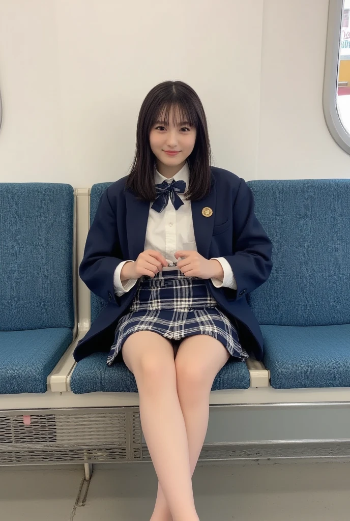 arafed asian woman in a short skirt and bow tie sitting on a train, cute schoolgirl, japanese girl school uniform, wearing japanese school uniform, japanese school uniform, a hyperrealistic schoolgirl, dressed as schoolgirl, hyperrealistic schoolgirl, wearing school uniform, realistic schoolgirl, girl wearing uniform, wearing a school uniform, of a schoolgirl posing, full body, nice skin, glowing skin, nice thighs,glowing thigh, glowing legs