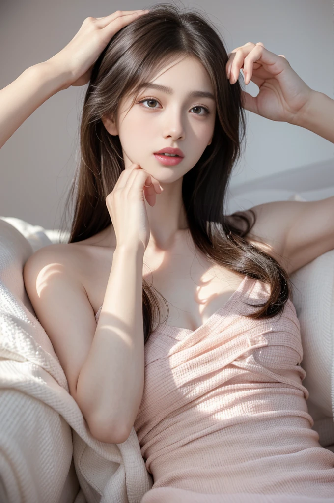 hanfu-song, hanfu, song theme, bandeau, tube top, (masterpiece, best quality:1.2), 1girl, solo, ((bare shoulders)), (actual:1.37), ((lying on a beach)), ((Bird&#39;s eye view shot)), Sweet maiden, beautiful妆容, Exquisite makeup, Extremely beautiful eyes, long hair, curls, slim body, big breasts, cleavage, Sexy slender legs, The skirt is short, Leaking sexy legs, elegant posture, best quality, correct, correct的手, correct的腿, 解剖学correct, official art, complex, detail的脸, detail, lifelike, Very detailed, amazing, beautiful, Young and energetic, Charming model, Meticulous CG Uniform 8k wallpaper