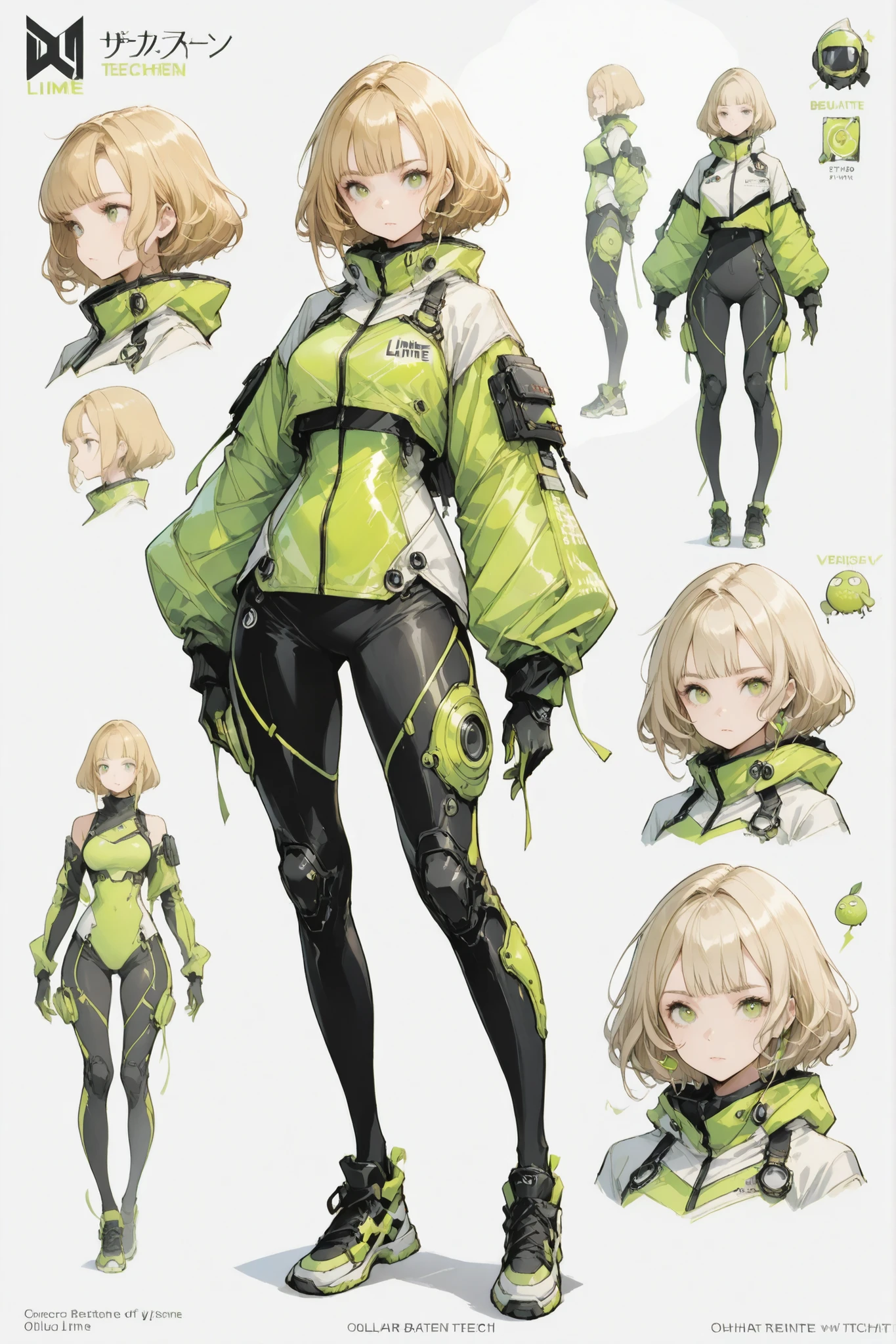 A beautiful girl with short wavy blonde hair with bangs, olhar atraente, Wearing lime green techwear costume, full body, concept art, character design, fundo branco