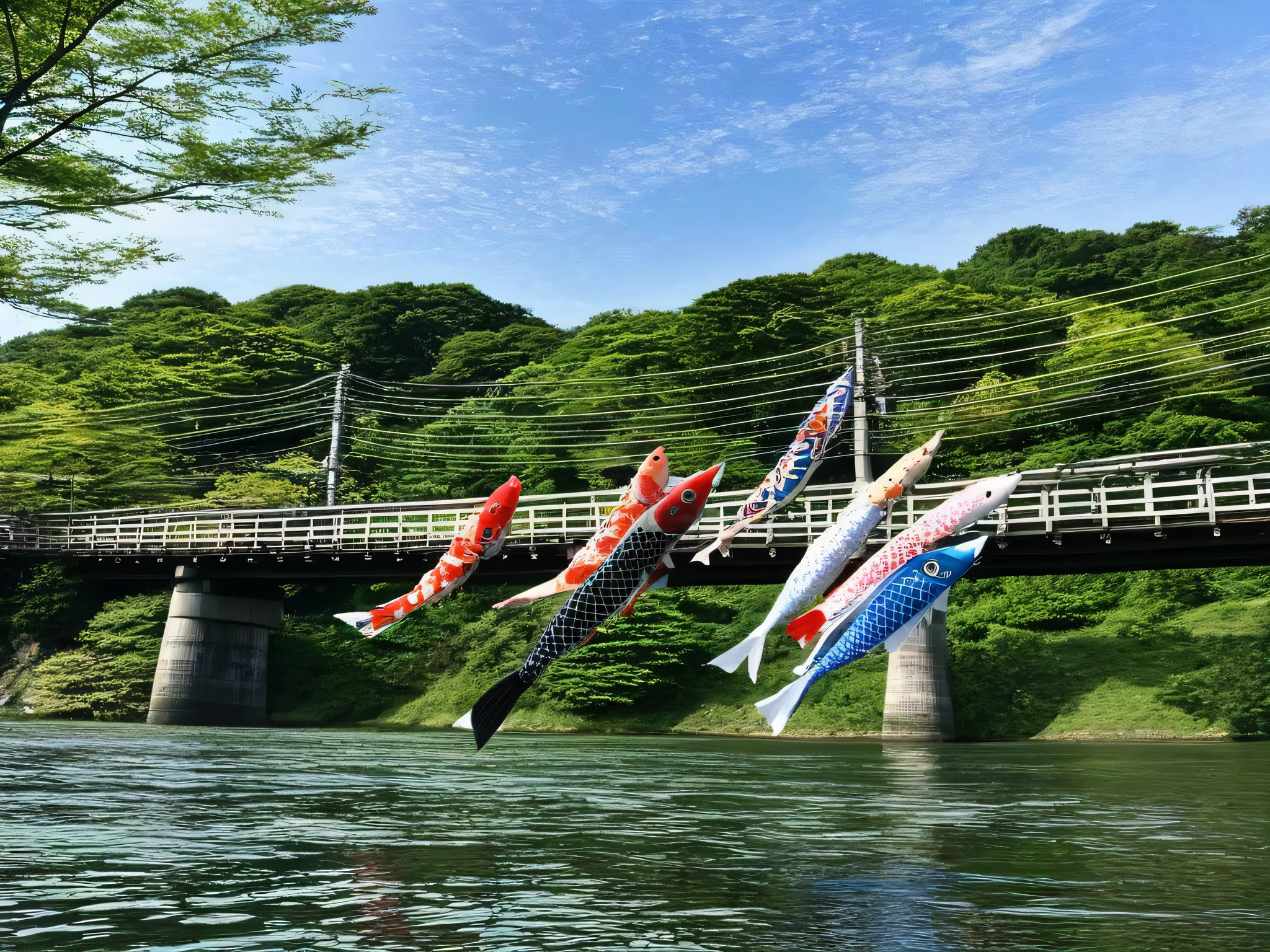 Japanese traditional koinobori are across the river. anime style.