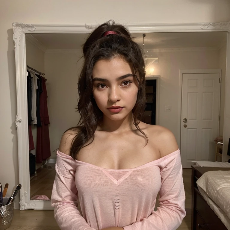 (Please generate an image of a young Indian woman wearing a shirt and necklace. She has black hair, short lob hair, skinny Indian girl, and a subtle, natural makeup. The photo should show her without visible makeup, She should look directly into the camera. The face should look real and natural. Full body shots of this attractive woman should feature eye-catching poses, She has sharp blue eyes. The girl's temperament is very sweet, And the posture should be very sweet too. Please confirm the woman'The entire body is visible in the image. The background must be clear、Neatness. The details of the image should be of high quality(Best quality)), ((tmasterpiece)), (Detailed pubic hair), is a perfect face