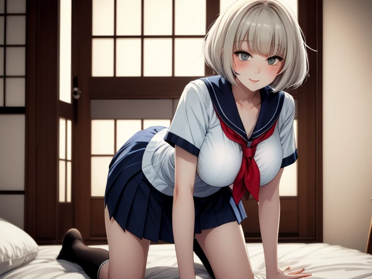 NSFW, masterpiece, Best Quality, High quality, High Definition, Finely detailed, Detailed texture, realistic representation of face, Realistic, Colorful, Ray tracing, (((ahegao))) , smile, ((steam)), (((steam from pussy))), (((sheer white long thigh-high socks))), (((long gloves))), (glowing eyes), (Detailed beautiful delicate face, Detailed beautiful eyes, A perfectly proportioned face, High detailed skin, best ratio four finger and one thumb, (((Glowing white shiny skin))), (((oiled skin))), (((toppless))), (((Nipples))), (((spreading pussy, pussy juice, Pubic hair))), (((pussy juice))), (wet pussy), (((Open legs))), (((Large breasts))), (((cleavage))), ((sitting on a bed with one knee up)), ((Smooth texture, Realistic texture, Photorealistic)), (((Green eyes))), (((shirt cut hairl))), 1 woman, ((Crop Top shirt)), (Sailor school uniform only for the upper body), (white short shirt), ((red ribbon tie)), (Navel ), (((Sheer Micro Mini Skirt))), (Beautiful face, Cute face, Detailed face), spreading pussy