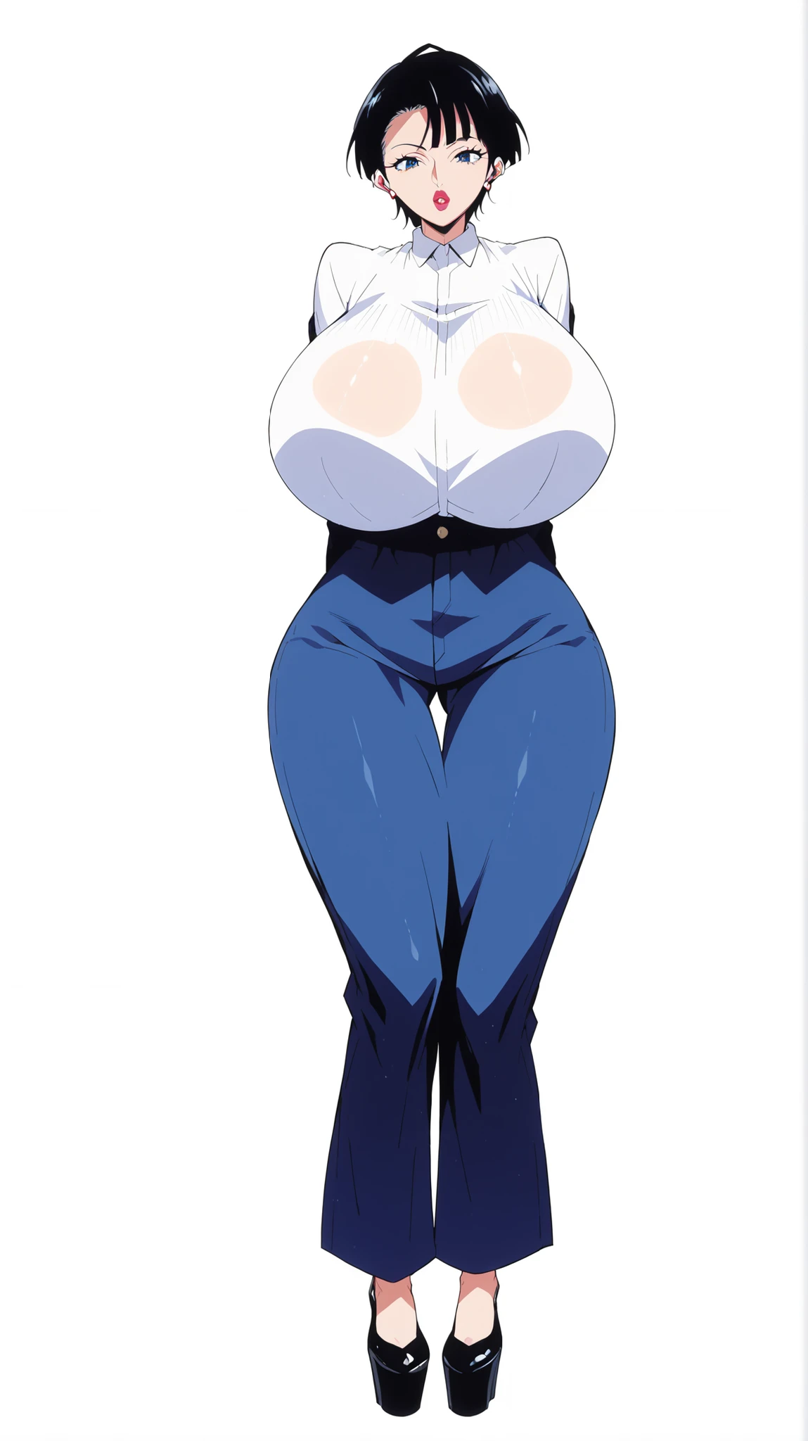 ,orange jumpsuit, uniform, orange pants,Waist Chain, Hands tucked in between thighs, arms tucked in between thighs, Handcuffs, big breasts, long silver hair, blue eyes, milf, ponytail 