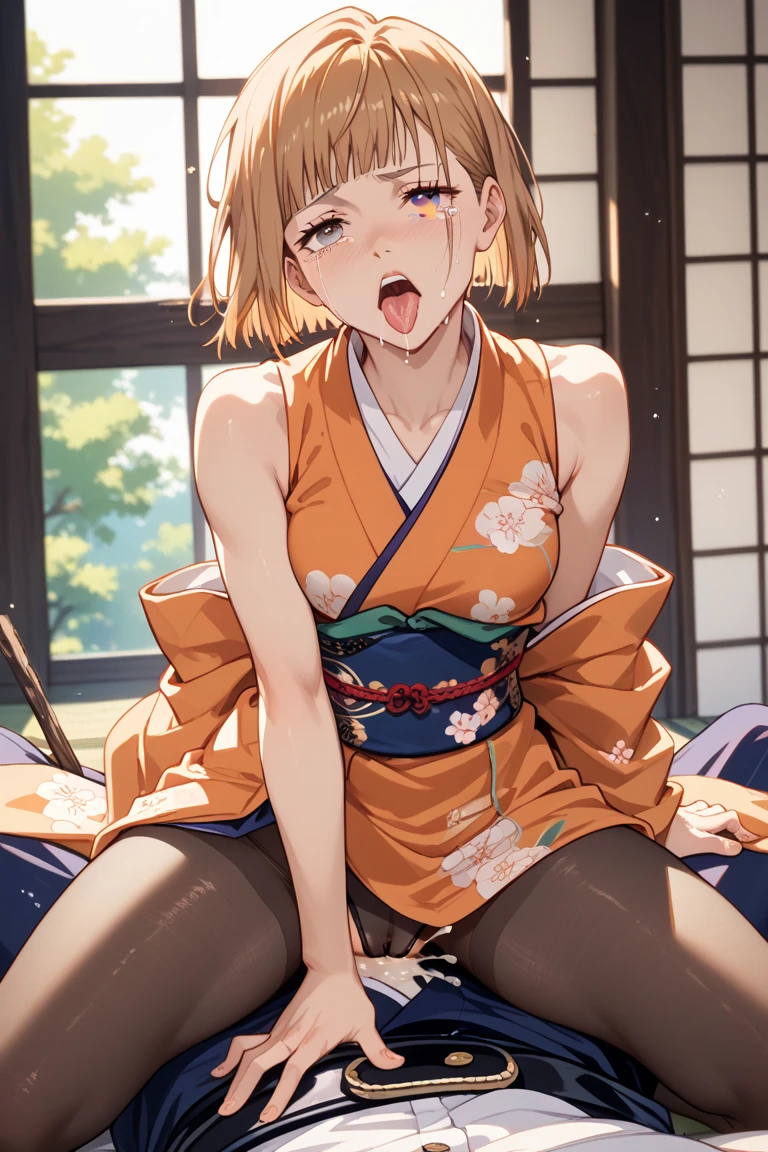beautiful girl,naked,small breasts,knee high,Half-side-up,skirt,choker,high socks,blonde,blush,masturbation,Pink yukata,spread your legs,Sweat,crying face