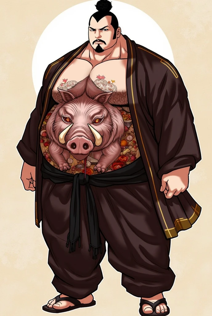 A fat old monk, with thinning hair, covered in tattoos all over his body.