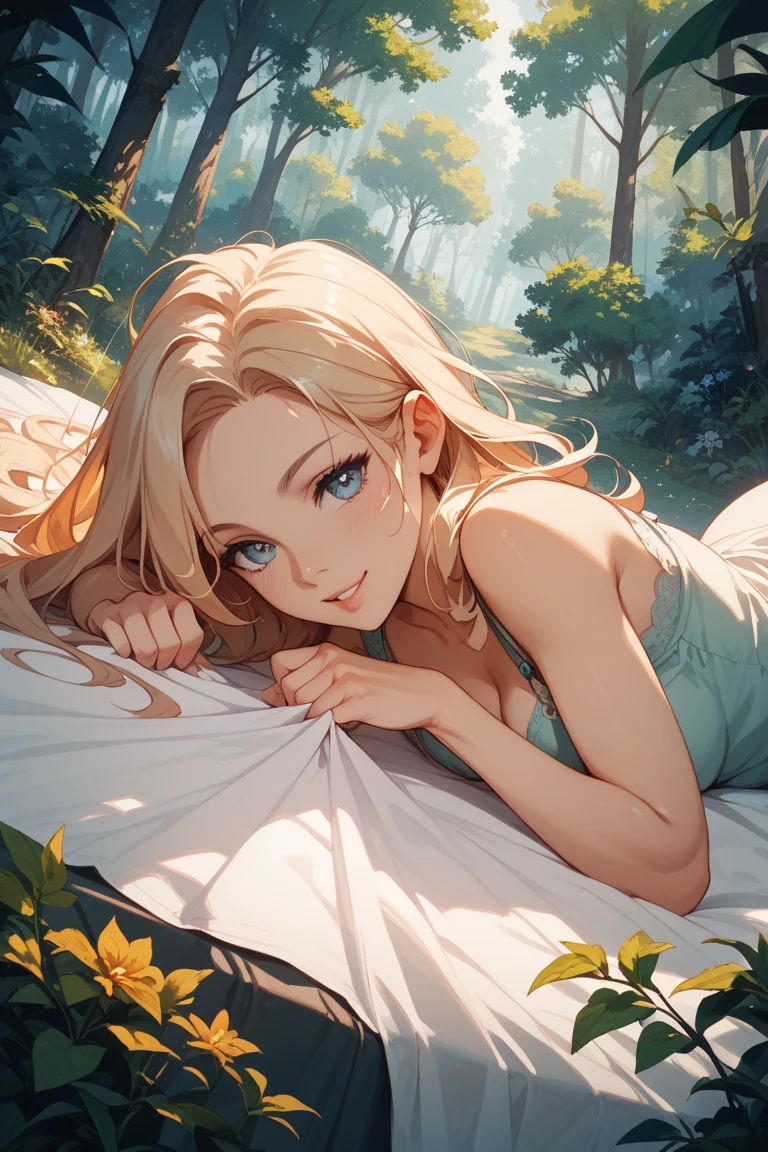 big tree、Sleeping while leaning against a tree、Like a hunter、Sleeping while standing、Elf、Portrait of a beautiful 16 year old girl , detailedな背景画、Fresh Green Forest、Blue Eyes, detailedな目、detailedな手脚、Accentuate the cleavage(0.6)、, Tan Skin、Bright red lips, (masterpiece) (Highest quality) (detailed) (8K) (High resolution) (Cinema Lighting) (Sharp focus)、One person、Blonde、(Inner Color: Random), ((blush: 0.8)), Natural skin texture, Transparent skin、Delicate, up、luxury、hair ornaments、Sunlight filtering through the trees、