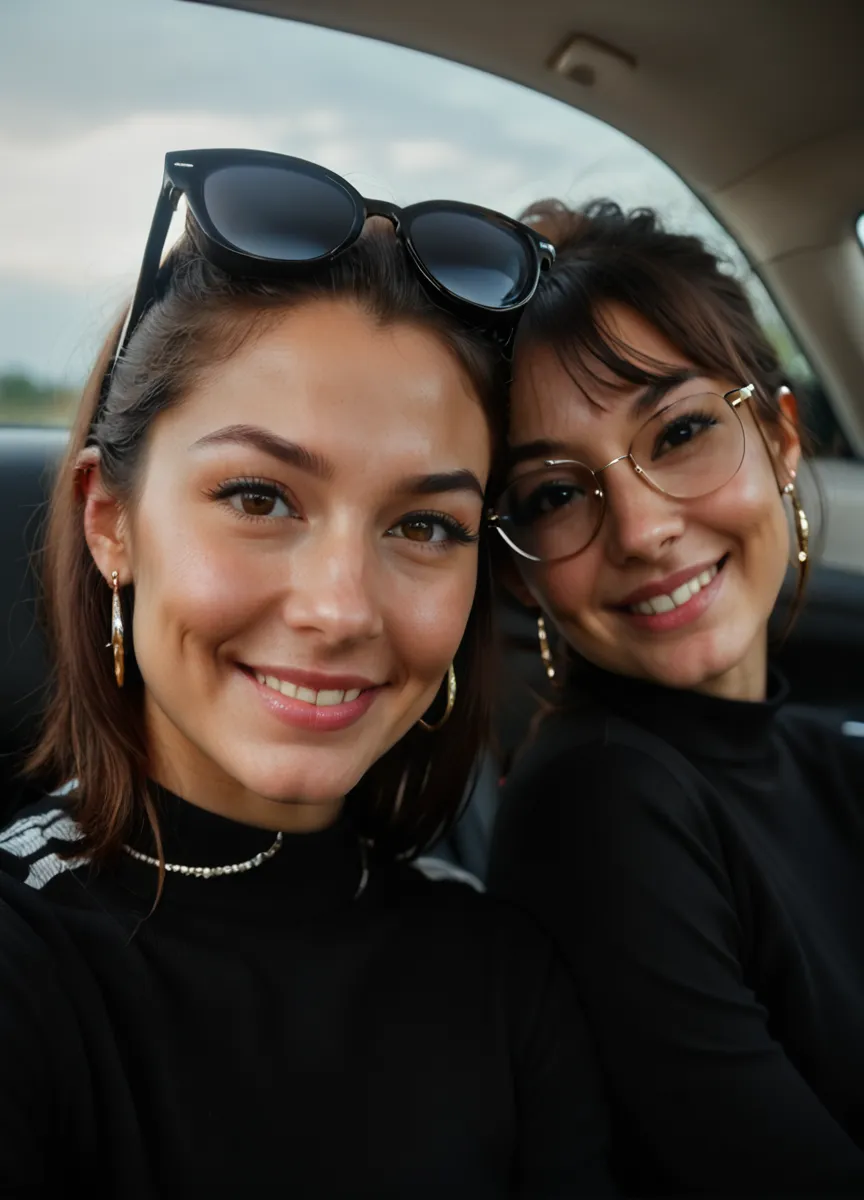 1 girl, solo, brown hair, smiling face, short hair, wavy hair, blue eyes, dynamic angle, blue skintight minidress, lake, arms down, wearing y clothing with her black haired best friend, long black haired bestie, cuddle