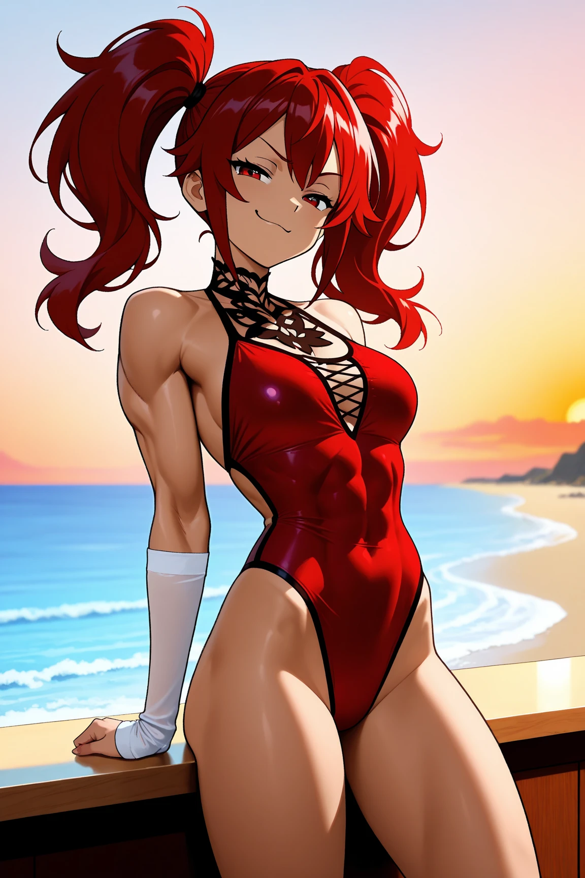 Twintail, red haired, 1girl, grey eyes, well toned, well built, muscled, toned muscles, looking at pov, stands, bends over, stand over me, spread legs, blushing, sweating, smiling, immature, nude nipples, uncovered breasts, unfiltered femininity