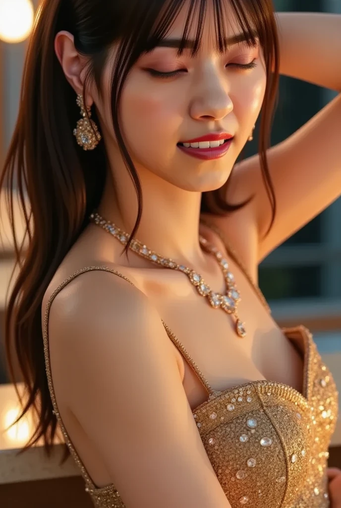 best quality, masterpiece, 1girl, (polka dot dress), orange dress, hair ornament, necklace, (jewellery:1.8), Beautiful face, small breasts, tyndall effect, photorealistic, rim lighting, two tone lighting, (high detailed skin:1.2), dslr, (spreading light:1.5) soft lighting, high quality, volumetric lighting, candid, in the garden, Photograph, high resolution, 4k, 8k, Bokeh,