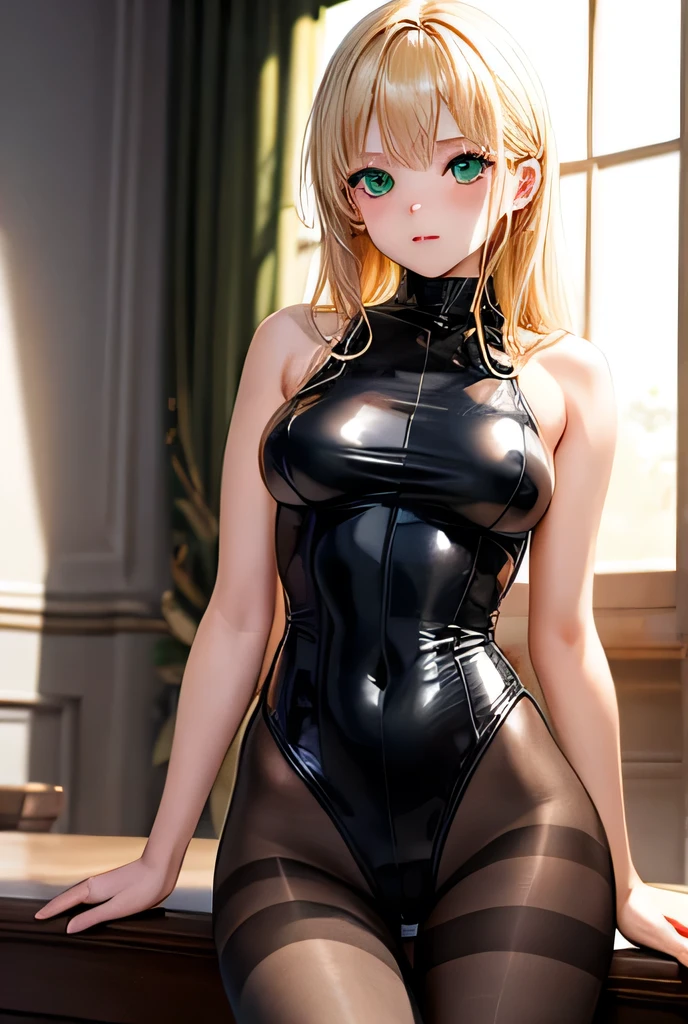 (Crotch)、Open your legs towards the viewer、pretty 1girl, top-quality、The ultra -The high-definition、hight resolution、extremely details CG、8K Unit Wallpapers、17 age、Beautiful detailed eyes,large boob、Platinum Blonde Hair,biomechanical oppai,Grid girl posing on the circuit 、zippers、(Metallic competition swimwear)、(((One piece swimsuit with lines)))、Sleeveless、darkskin、(FULL BODYSHOT)、(Shiny body:1.3)、 Open mouth, blush, Sweat,be shy、