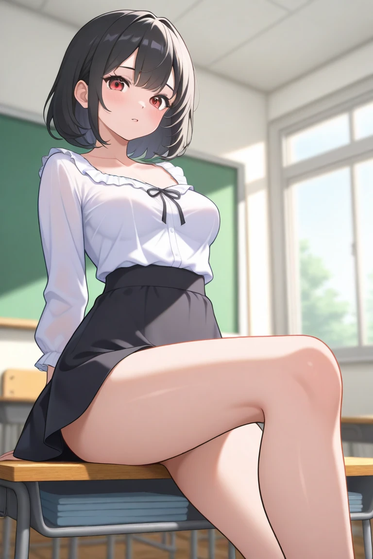 aimizuno, ai mizuno, black hair, hair between eyes, (red eyes:1.5), short hair,
BREAK black legwear, black skirt, brown footwear, collared shirt, loafers, long sleeves, miniskirt, plaid, plaid neckwear, plaid skirt, pleated skirt, , shirt, shoes, skirt, sweater, (white shirt:1.6), wing collar, yellow flower, yellow sweater, JS_ShortSkirt, (micro mini skirt:1.4),(white panty)
BREAK looking at viewer, full body,
BREAK indoors, classroom,
BREAK (masterpiece:1.2), best quality, high resolution, unity 8k wallpaper, (illustration:0.8), (beautiful detailed eyes:1.6), extremely detailed face, perfect lighting, extremely detailed CG, (perfect hands, perfect anatomy), (big breasts:1.6), (slim:0.8)