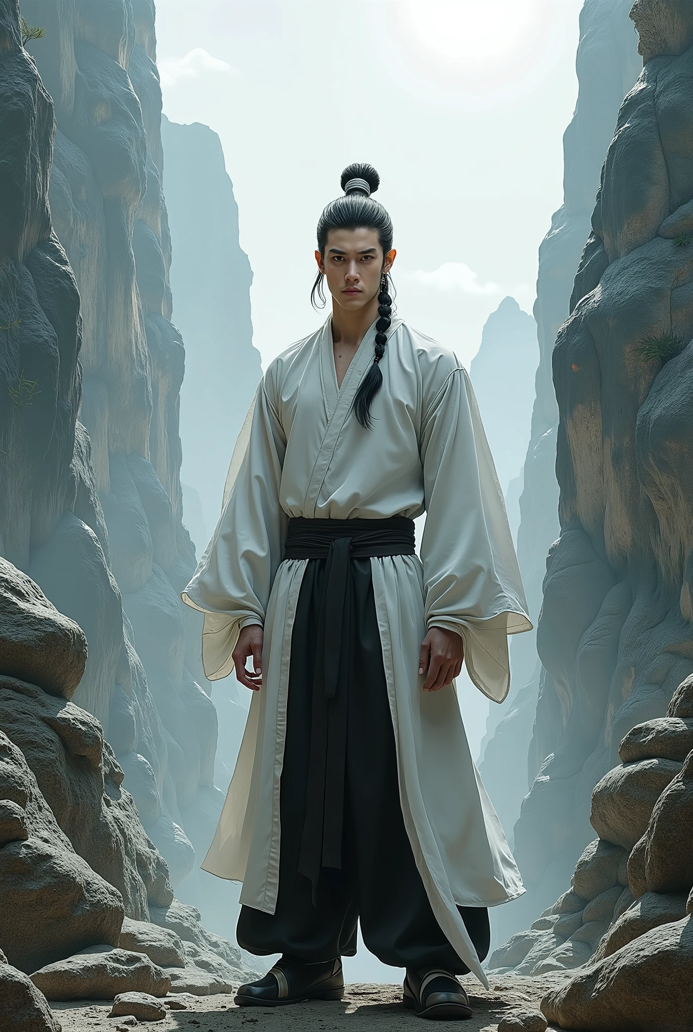 2.5D illustration, Surrealism, retina, masterpiece, accurate, anatomically correct, super detail, best quality, 8k, extremely precise in every detail, beautiful detailed glow, beautiful attention to detail, beautiful detailed eyes, (a male martial artist in traditional Long-sleeved White long Kung Fu clothes Tops is standing in the steep mountains of China), (wears full-length black Kung Fu pants), (long black fish-tail braid hair), fine face, slanted light-brown eyes, slim body, Ruthless look