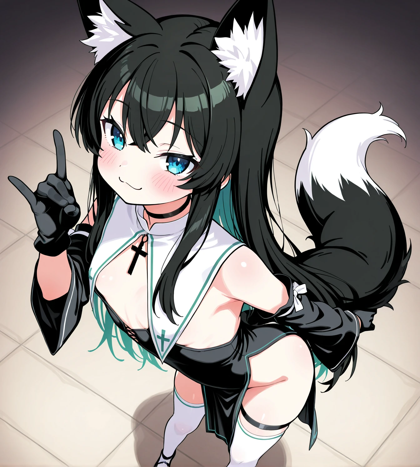 Petite cute Japanese woman 24 years old, Graceful physique, cat ears, Modest black office suit; Big green shiny eyes, A sly half-smile, black hair with scarlet highlighting, gathered in the tail to the middle of the back; small pointy breasts; айдол j-rock, artistry, In the hands of a professional bass guitar, Joyful expression on his face, laughter; Anatomical realism, hight resolution, high quality textures, higly detailed