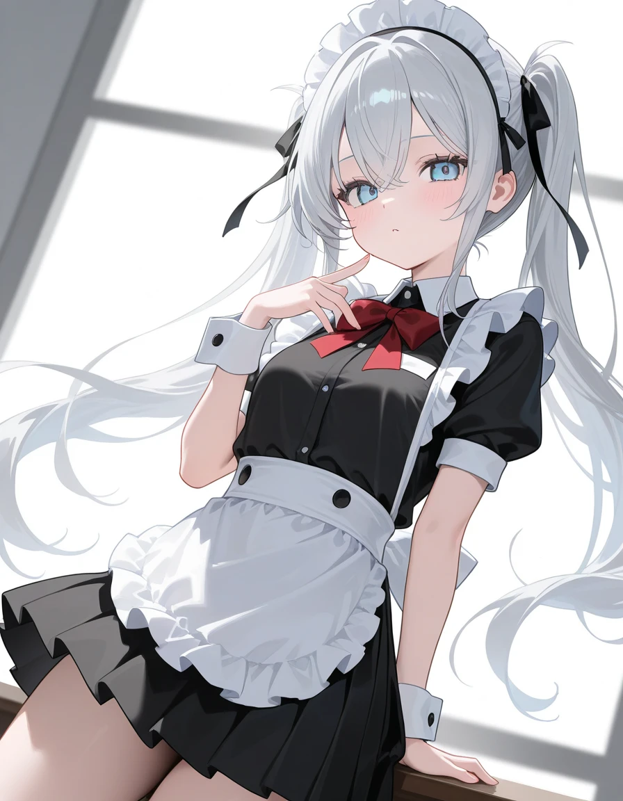 Silver Hair、Blue Eyes、girl、Small breasts、Twin tails、girl、Small breasts、Lolita、Bright smile、Looks about 15 years old、Petan Musume、He is short、Eye highlights、Sexy thighs、Wearing maid uniform、Have a coffee