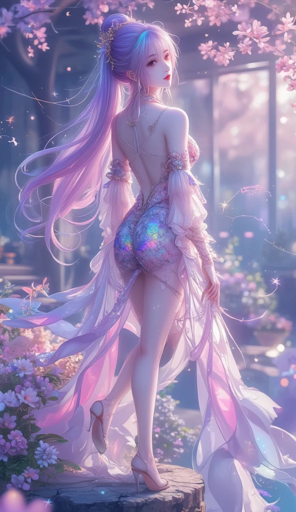 uma mulher em um vestido rosa lantejoulas e saltos altos, vestido curto, Back view, lantejoulas embelezadas, Lantejoulas, voltar - ver, vestido de glitter, vestido com um vestido rosa, usando um vestido cintilante, back view also, vestido rosa, side view, vista lateral, lado - vista, vestido cintilante de diamante, usando um vestido de coquetel glitter dress