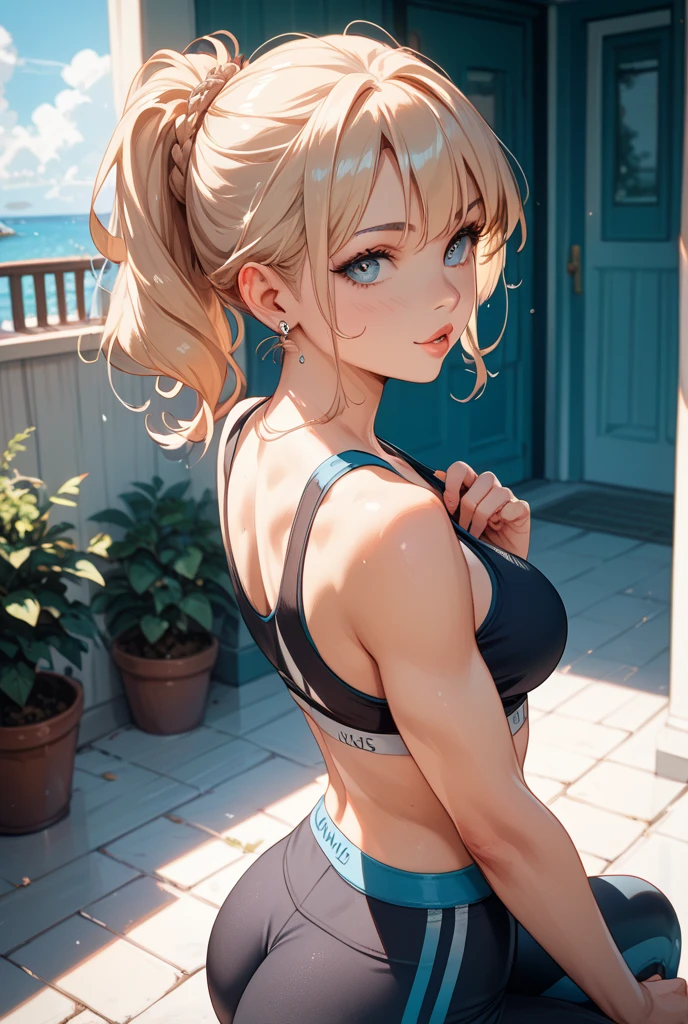 of the highest quality、masutepiece、ultra-detailliert、1womanl、Solo、25-years old、(Upper body)、(underboob:1.5)、(whiteshirt lift:1.3)、(Lens Flare:1.4)、(Funny smile 1.5),red blush、(Platinum blonde short hair:1.4)、(low twintails:1.4)、Shiny hair、medium breasts、(Deep Blue Eyes:1.4)、grass field、Small necklace、Small earrings、(Sportsbra:1.5)