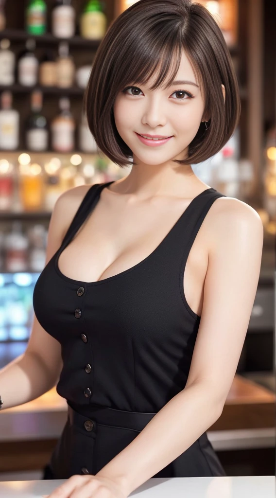 Highest quality}, {so beautiful}, {Very detailed}, {Best illustrations}, Browsing Caution, Realistic, masterpiece, Highest quality, (Beautiful Eyes), Mature short hair woman, large breasts, skinny, Sweat, night, in the pub, random color style micro race bikini:1.3, Grin, blush, wet Face, Wet body, earrings, Puff short sleeves, Central opening, Put arms behind her body:1.5, camel Toe, great tit, Nipple puffs, Cleavage, Plump, overtake, overtakeデカ尻、full body