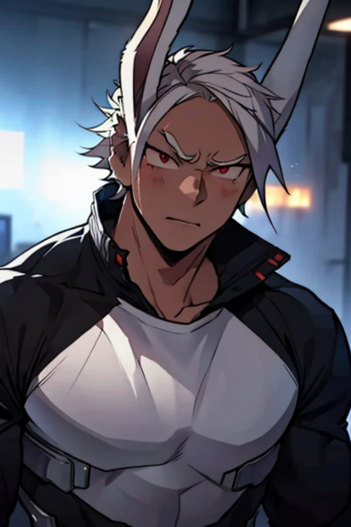 close up, face, highest  quality, 8K, high resolution image, Jujutsu Kaisen estilo anime , Arataki Itto, Detailed strokes, nblurry background,  purple light reflecting on it , (close up angle), 1 men, Youngh, mascle, role model, front with hand in pants pocket , multicolored background with various geometric shapes , round stickers, brawny, red and white hair, swollen chest, wearing a tight shirt  , striking eyes , with the shirt, swollen chest