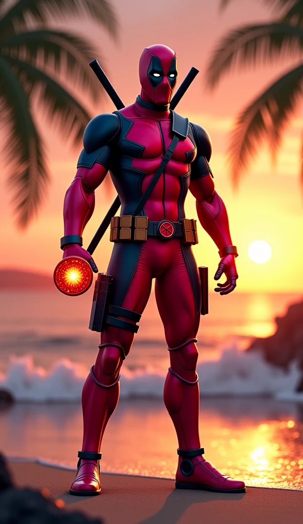 (nvinkpunk:1.2) (snthwve style:0.8) dead Pool, anthropo, lightwave, sunset, intrikate, highy detailed, t-shirt print "Deadpool, wearing no shirt, Showing off his muscular physique, is on shores, with tight pants that accentuate her big, perky buttocks. He has his face turned towards the camera, casting a seductive glance. With a provocative touch, he puts the tip of his index finger in his mouth, in a suggestive pose. The surrounding scenery is dimly lit, highlighting the contours of your body and creating a sensual and mysterious atmosphere. "