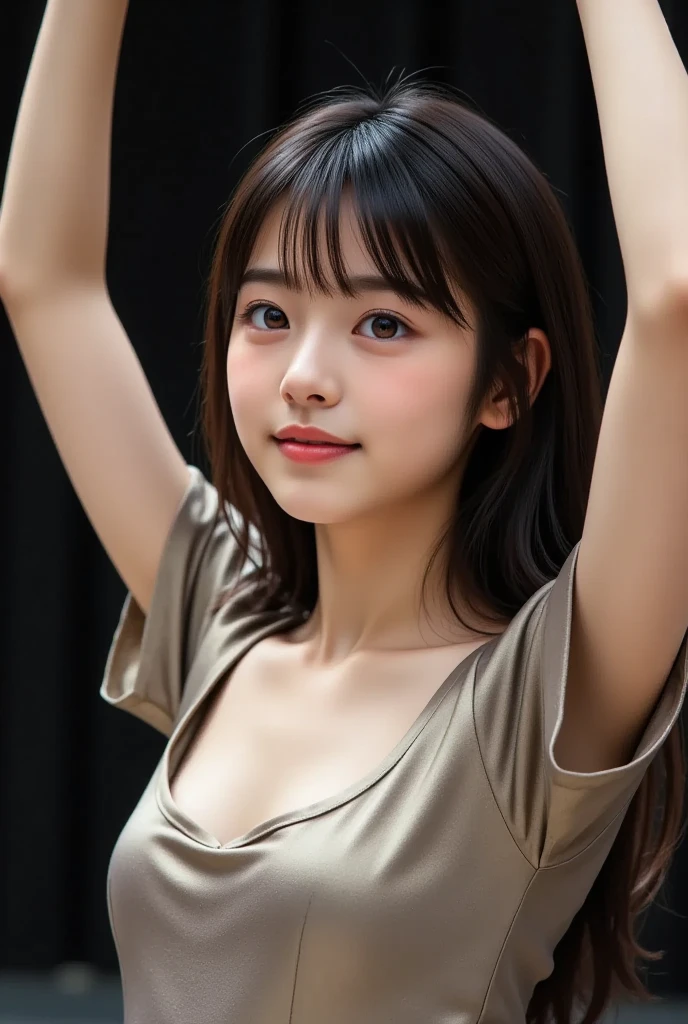 (masterpiece:1.4), (best quality:1.4),Japanese,20 years old,cute girl, 1girl, looking at viewer,(cute smile),solo,(undressing),(undressing knit), armpit,underwear, bra, arms up,night, undressing, cute white bra, realistic,medium breast