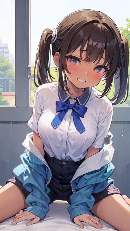 (msfw:1.3), (Realistic, photo Realistic:1.2), ((Highest quality)), Shift the center of gravity backwards, Quite embarrassing, White panties, (Showing panties:1.4),タイトskirt, (Panty shot:1.3), (skirtをまくり上げる:1.3), (Squat:1.4), (Spreading pussy:1.2), Place your heels on the ground, Spread your legs, Squat with your knees up, Attach your butt to the ground, brown penny loafers, Beautiful facial details, Real human skin, Gentle expression, Front view, angle From below, Realistic, photoRealistic, cute, skirt, Squat deep on school grounds, cute school girl, Japanの女子高生の制服, Haruka Hirose、Left 4 Dead Arcade、Japan 、Short Bob、Brown Hair、black eye、Mid-breasted、((White short sleeve shirt、Grey bow tie、グレーのチェック柄skirt、プリーツskirt、White High Socks、Brown leather shoes):1.5)、JK Uniform、Frayed uniform、cute女子高生, whole body,smile, 自然なsmile, cutesmile, 魅惑的なsmile, (Looking at the audience:1.2), from before, From below, from the front