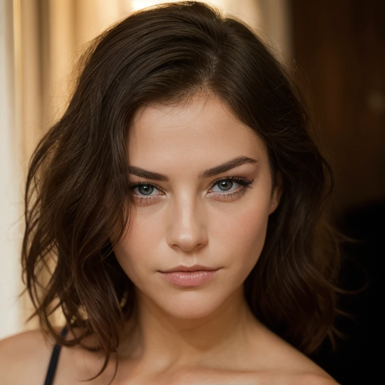 italian girl, 28 years old, (( brunette hair)), long wavy hair, ((big light blue eyes)), naked, portrait of face and breast, flat belly, black eye mascara, ((supermodel face)), transparent white cum dripping on face and tits