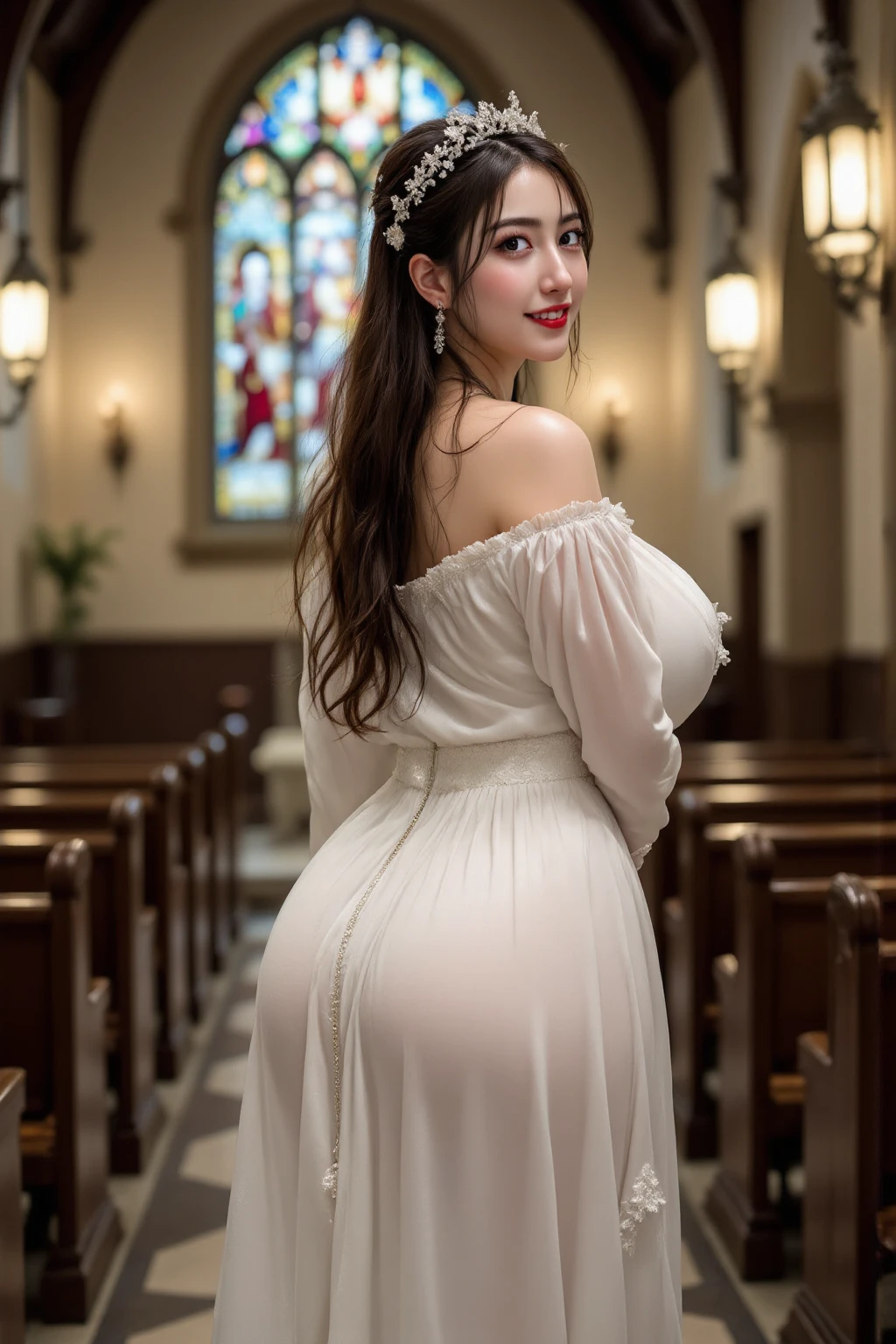 stunning girl(bikini), (Back in)(红ikini)best quality, ultra high resolution, (lifelike:1.4), revealing white church dress, Black suffocated gray hair:1), (huge, , huge:1.4), droop, Thick thighikintrong and broad hips, big booty, view from behind, Recumbent, looking at the audience, church, close upstunning girl, best quality, ultra high resolution, (lifelike:1.4), revealing white church dress, Black suffocated gray hair:1), (huge, , huge:1.4), droop, Thick thighs, Strong and broad hips, big booty, view from behind, Recumbent, looking at the audience, church, close up