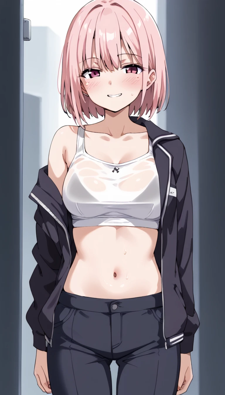 1 girl, green eyes, very Short hair, pink choker, lipstick, Shy, pink hair , tomboy Pixie haircut, femboy hooters, thicc legs,cowboy shot, flat chest, flat chest, ponytail