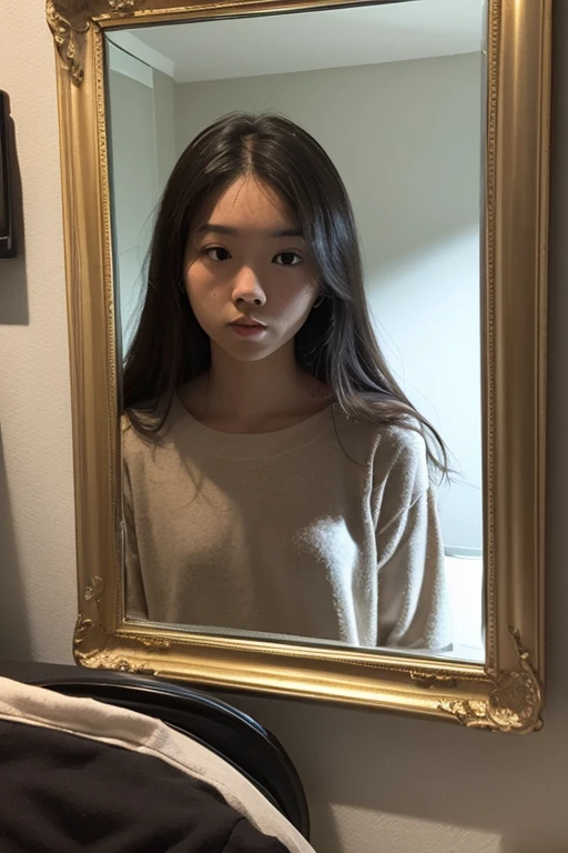 Asian woman, about 16-20 years old, selfie in front of mirror, iPhone 15