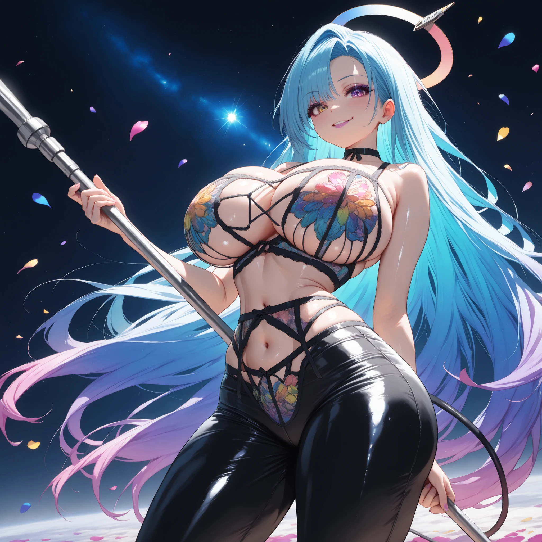 Masterpiece, lightning spear, High Definition, eye detail:1.5, face details,4K, 8k,( Sexy Lingerie & tight pants , photo Sexy Lingerie & tight pants : 1.5),((colorful petals:1.8)),((space colony:1.5)),woman, 1,Super Shiny White Latex Dress Space Girl Demon Flesh Tail:1.5,NSFW (Unable to access) (No access) (No access):1.2,dress beautiful and very shiny,Super multi-layered,brake,} Cute Pretty Girl ,perfect proportions of the female sex,giant ,cleavage,Abdomen,stance, Beautiful Blue Hair ,Very beautiful and delicate female face, Oily skin, glossy lip color ,age,Smiley Translucent White Dress,Droopy eyes,eyeshadow, sexy girl , brake,(Dark skin:1.4,รอยสักขนหัวหน่าวที่Abdomenน้อย,glowing tattoos:1.4,brake,See below image, gloomy atmosphere ,decadent atmosphere,Seduction, dark side heroine ,subcubus girl,my bedroom background,Masterpiece,16k