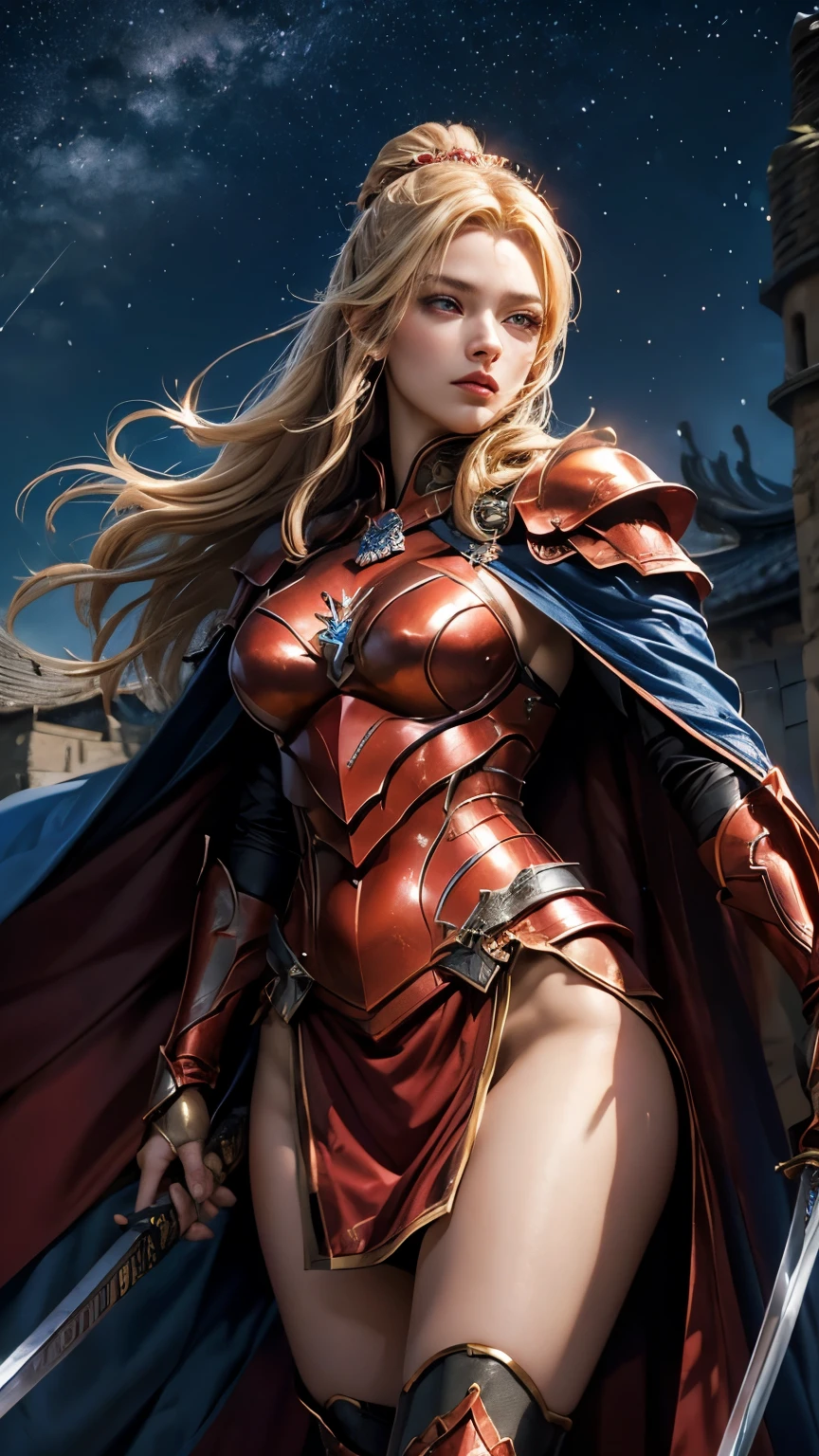 Metallic red and gold armorと青いマントを着た女性武将、Sengoku Warlords、Yang Duanhe、battlefield、In combat、Blonde updo、Three red dots on the forehead、((Holds two long swords))、Two sheaths on the waist、Confident face、Looking from above、very beautiful、A beautiful woman、Metallic red and gold armor、((Long blue cloak))、Highly detailed costume、8K,highest quality, masterpiece、Ultra-high resolution、Portrait, Official Art、1 girl、Beautiful woman with perfect body、Full body image, Glowing Skin、(Glossy lips、Highly detailed face and skin texture、Detailed Eyes、double eyelid)、Sharp long legs、City wall in background、night、Starry Sky、full moon