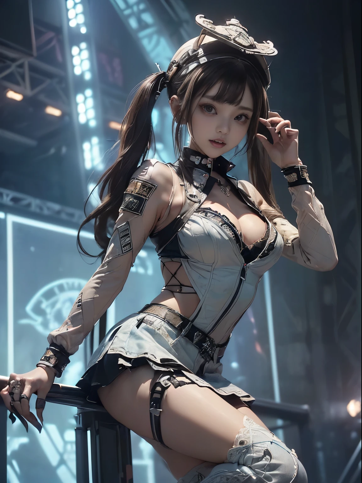 ((Best Quality)), ((Masterpiece)), (Detail: 1.4), 3D, A Beautiful Cyberpunk Female Figure, Delicate Facial Features, Perfect Face, Smile, Light Makeup, Big, Squatting on the Ground, Street Photography, Shopping Mall, HDR (High Dynamic Range), Ray Tracing, NVIDIA RTX, Super-Resolution, Unreal 5, Subsurface Scattering, PBR Texture, Post Processing, Anisotropic Filtering, Depth of Field, Maximum Clarity and Clarity, Multilayer Textures, Albedo and Specular Maps, Surface Coloring, Accurate Simulation of Light-Material Interactions, Perfect Proportions, Octane Render, Bicolor Light, Large Aperture, Low ISO, White Balance, Rule of Thirds, 8K RAW,