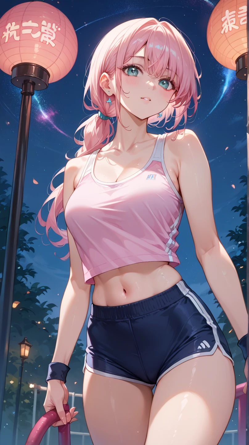 shizukamikazuki, shizuka mikazuki, short hair, purple hair, hair ornament, hairclip, (pink eyes:1.5), swept bangs,
BREAK navel, cleavage, jacket, open clothes, midriff, hood, open jacket, blue jacket, hooded jacket, sports bra, sports shorts,hood down,
BREAK looking at viewer,
BREAK outdoors, city,night, neon lights, wet road, reflections, stars, starfall,
BREAK (masterpiece:1.2), best quality, high resolution, unity 8k wallpaper, (illustration:0.8), (beautiful detailed eyes:1.6), extremely detailed face, perfect lighting, extremely detailed CG, (perfect hands, perfect anatomy), from behind, back view, from back, bend over.