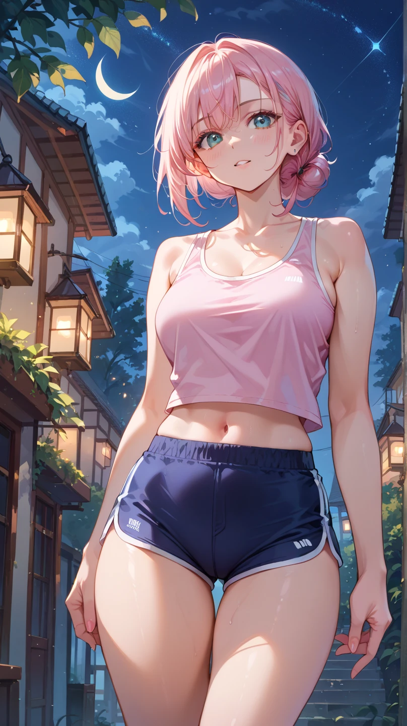 One girl、Pink hair、PastelColors、Cute、blush, tiny chest, Running, White Sports Bra, morning, Park, Sweat