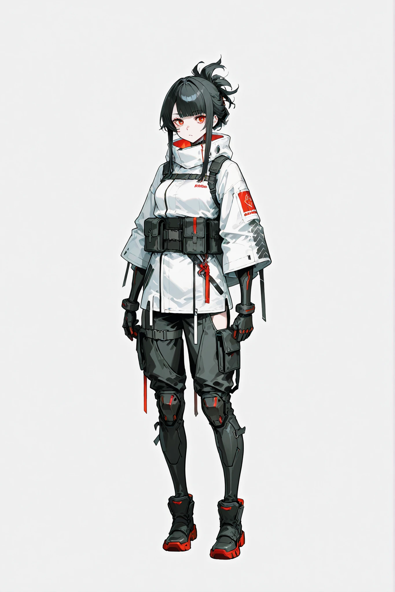A beautiful girl with long black hair with locks on the front and a fringe and red eyes, carrying an attractive and at the same time deadly look, wearing completely white cyberpunk samurai-themed military costume and techwear (all the details and props also in white or gray) on a background with a dark solid color, ambiente escuro, concept art, full body