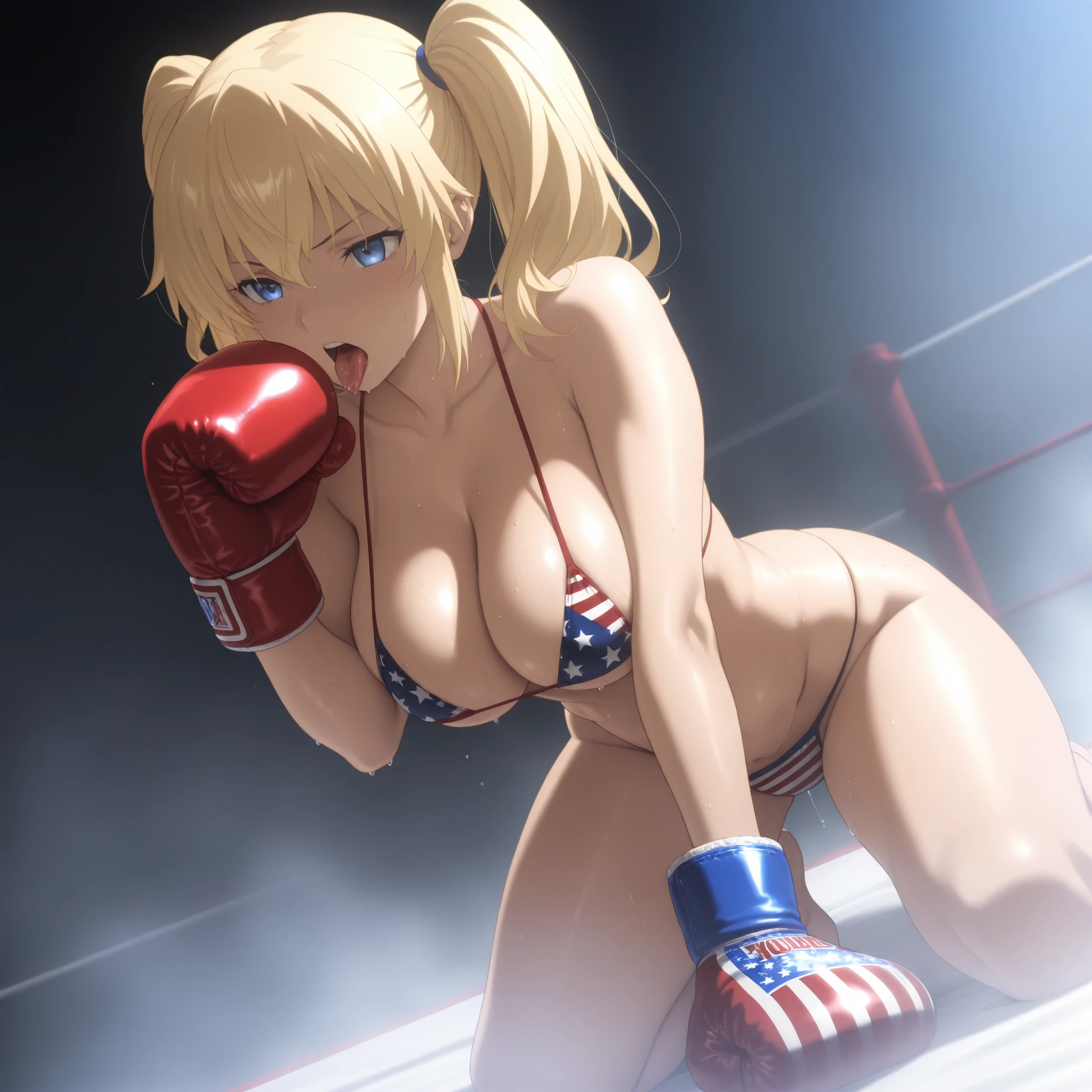 (masterpiece、high quality、High-level image quality)、(Female professional wrestler)、(In the wrestling ring)、(Huge breasts 1:1.9)((A high-cut, strapless, open-chested one-piece costume with a star-spangled pattern))、(One female)、(Strapless Brazilian super high leg swimsuit)、(Armpit milk)、(Deep cleavage)、(Underboob)、(Blonde long hair)、(Ring boots for professional wrestling)、(An erotic and sensual star-spangled pattern super high-leg costume with no straps that shows off your body.)、(A super high-cut costume with a star-spangled banner pattern in vibrant blue, red and white stripes and lots of white ⭐︎ marks.)、(Sexy standing pose)、(Fighting Pose)(American sexy beauty)、Blue Eyes、Exquisite breasts、Big Tits、Stars and Stripes Pattern Strapless Super High Leg One Piece Swimsuit、Stars and Stripes High Leg Leotard、(Ultra-high-cut swimsuit with a V-shaped cut from the chest to the navel)、リングに立つFemale professional wrestler、Waistline、Deep cleavage、Professional wrestling background、American Flag Costume、Full body standing、Lace-up ring shoes、A costume with a star-spangled banner pattern in vibrant blue, red and white stripes and lots of white ⭐︎ marks.、One human being、Brazilian high leg swimsuit、Deep high leg cut one piece costume、横乳の柔らかそうな張りのあるBig Tits、