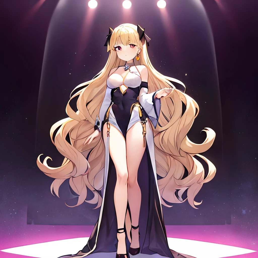 Ryouna_(Senran Kagura), beautiful girl with fair skin, blonde hair, wearing a lustrous black dress that highlights her wide hips, wide shoulders, and big breasts, cleavage, and big ass. She is wearing open-toe heels with red painted toenails and nails. She is a tall girl standing in a crowd, with an ethereal, score_10, ballad-like atmosphere, in a 2.5D style.