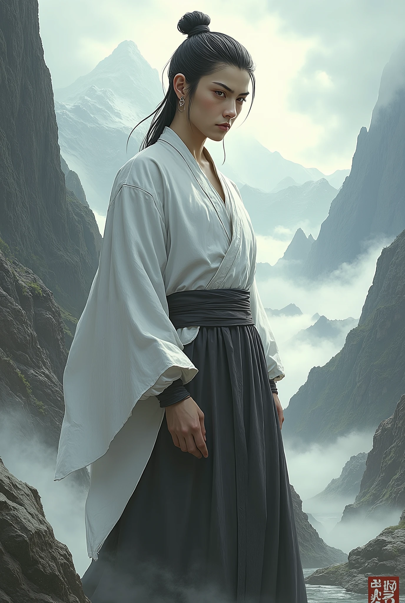 2.5D illustration, Surrealism, retina, masterpiece, accurate, anatomically correct, super detail, best quality, 8k, extremely precise in every detail, beautiful detailed glow, beautiful attention to detail, beautiful detailed eyes, (a young male martial artist in Long-sleeved White long Kung Fu clothes Tops is standing in the steep mountains of China), (wears full-length black Kung Fu pants), (long black braid hair), wears black Kung Fu shoes, fine face, slanted light-brown eyes, slim body, Ruthless look