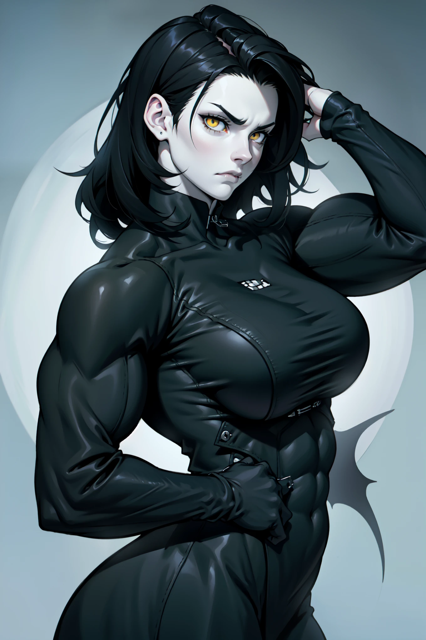 muscular girl thick breasts black hair yellow eyes pale skin best quality sad frown cold