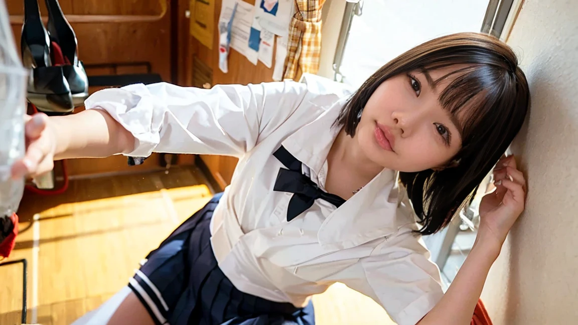 Actual photos of Japanese junior high school students, Summer uniform sailor suit, Short skirt, Have you ever masturbated?, I have no experience with men, but I am interested in sex., Young face, Shortcuts、Old apartment room, Sitting with legs wide open