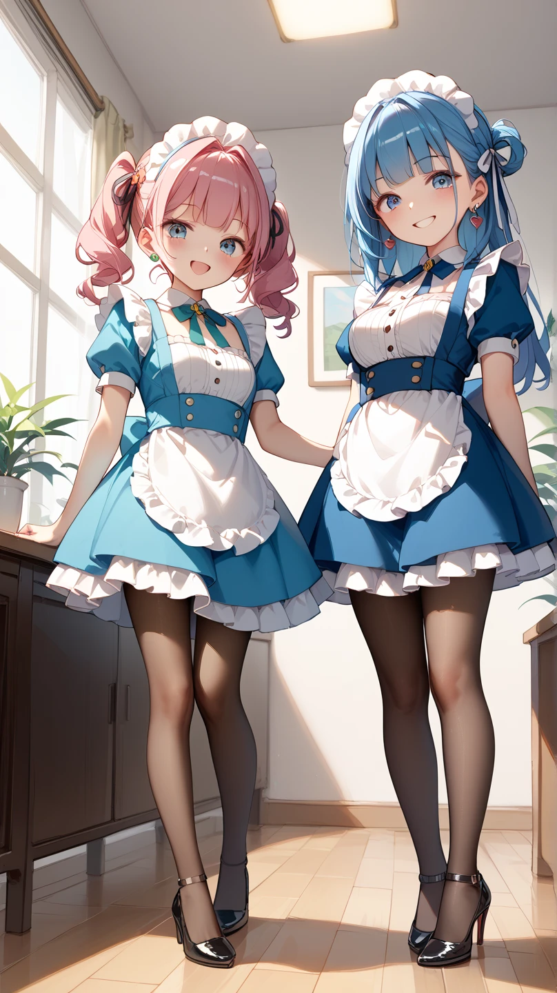 highest quality、masterpiece、((2 girls:1.5))、((smile:1.3))、(blush:1.4)、Black Shirt、blouse、((fun!!))、(Small breasts)、(Pink)、Blonde、(Long sleeve)、((White apron:1.5))、((Maid))、((hair ornaments)),、Kamimei、look at me、 ((in house:1.5))、 Taking a break from watching the audience、Cowboy Shot、((Shaved:1.5))、(Roll-up skirt:1.3)、(Fully exposed and highly detailed labia:1.5)、((Skirt lift:1.5)),()、()、、(スカート that rolls up:1.3)、()、Light blue eyes、long hair、Glowing Eyes