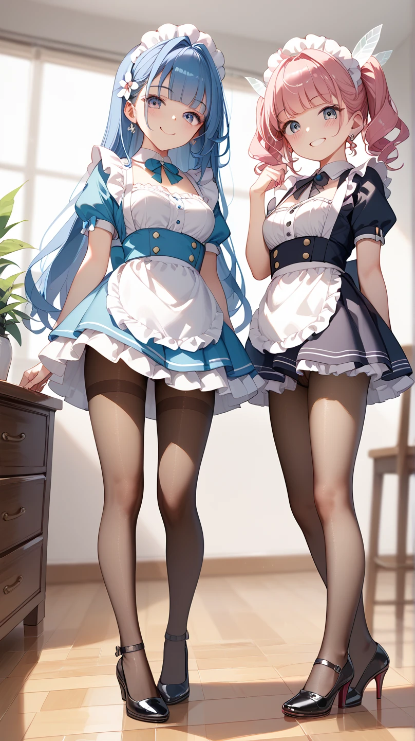 highest quality, masterpiece, ((2 girls:1.5)), ((smile:1.3)), (blush:1.3), Black Shirt, blouse, ((fun!!)), (Small breasts), Blonde, (Long sleeve), ((White apron:1.5)), ((Maid)), ((hair ornaments)), Kamimei, look at me, ((in house:1.5)), Taking a break from watching the audience, Cowboy Shot, (skirtlift:1.3), (Highly detailed pink striped panties:1.3), (Highly detailed panties:1.3), (skirt that rolls up:1.3), (Panties fully exposed:1.5), Light blue eyes, long hair, Glowing Eyes