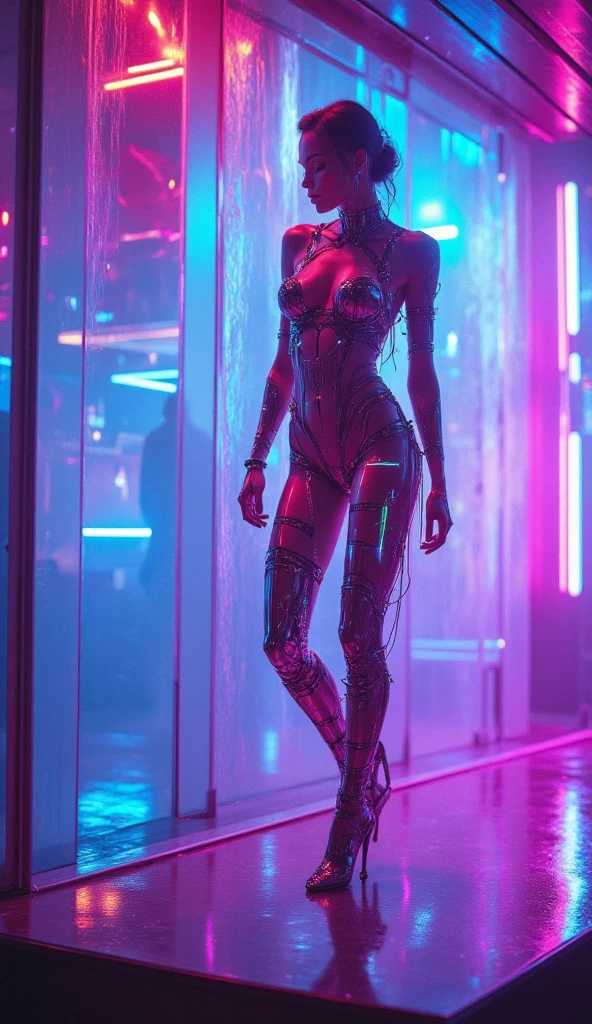 A highly detailed, cyberpunk-themed image of a cybernetic catgirl dancing in a neon-lit strip club. She has sleek, high-tech cybernetic enhancements, including cat-like ears, a mechanical tail, and glowing eyes. Her outfit is futuristic and revealing, with neon accents that match the vibrant lights of the club. The scene is filled with dynamic lighting, casting colorful reflections off her metallic features. The background features a lively crowd and holographic displays, enhancing the futuristic, edgy atmosphere of the cyberpunk world