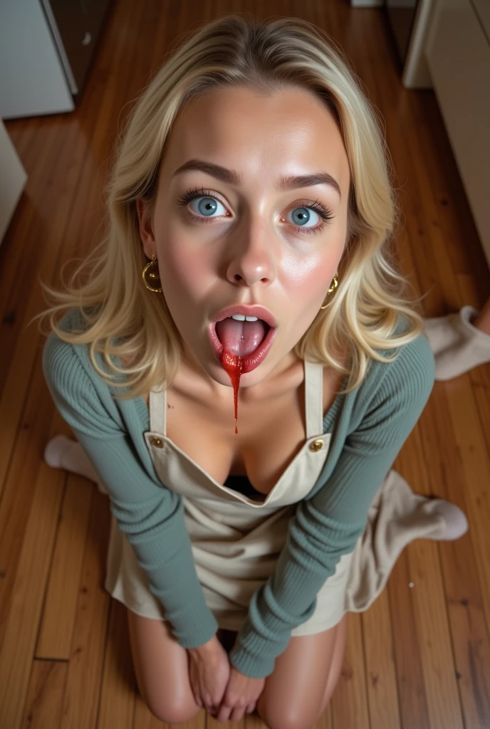 Hot mom, sexy dess, sexy, ((Masterpiece, best quality)), detailed skin, highly detailed, cinematic lighting, ultra realistic, blush, looking at viewer, with short blonde hair. Her hair is straight and elegantly styled, falling softly to chin length, portrait, , big breasts, cleavage, malicious smile, full body view, ass, sexy miniskirt, legs, kneeling, cum on breasts, cum, cum